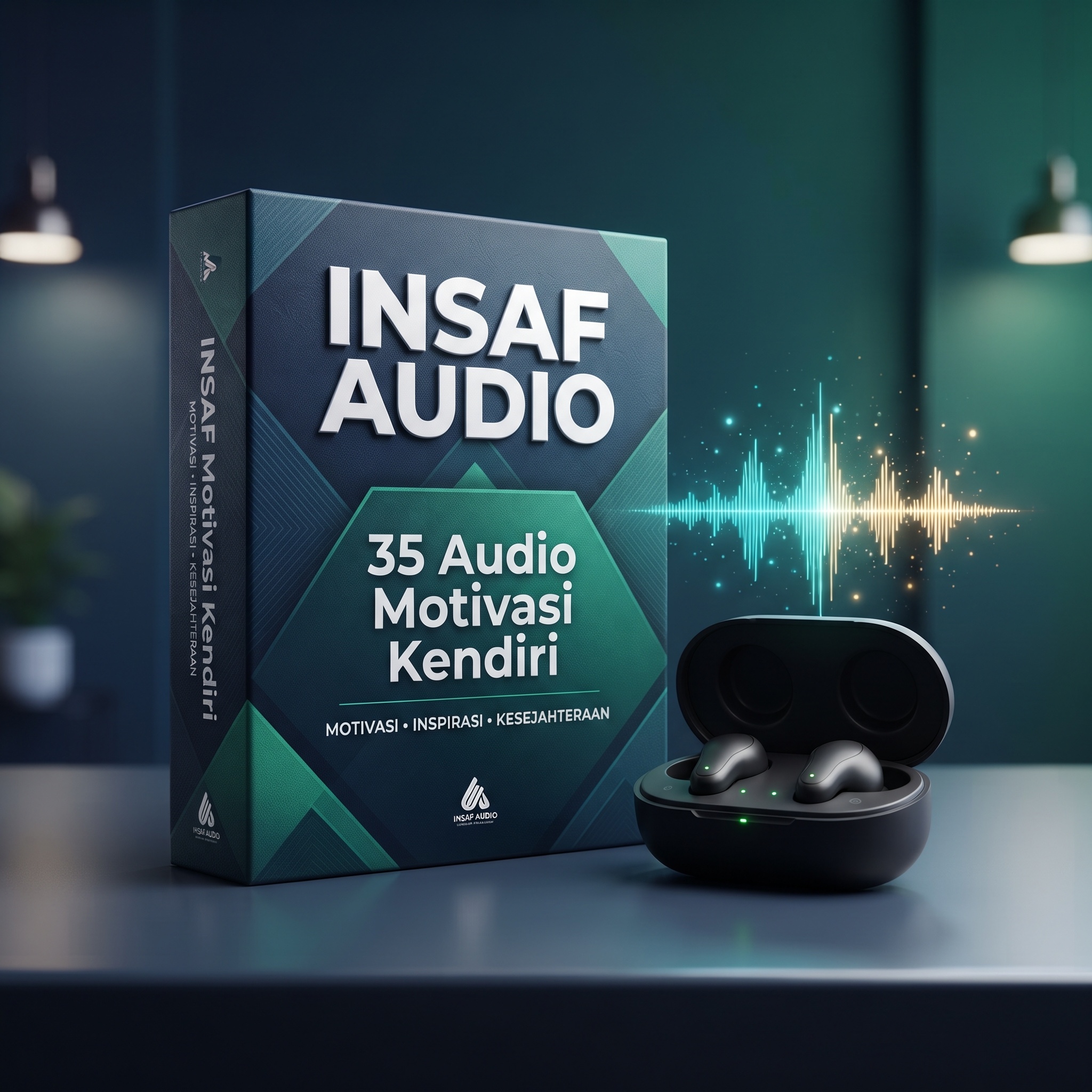 Mockup pakej Insaf Audio dengan fon telinga tanpa wayar
